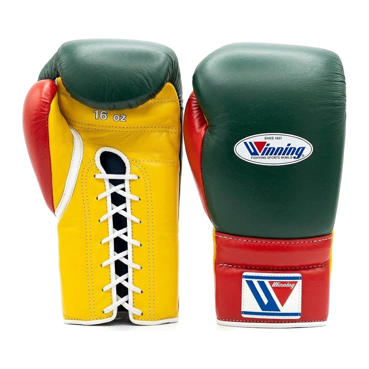 Winning Boxing Gloves Green, Yellow & Red lace-up training glove, genuine leather, 8oz to 16oz