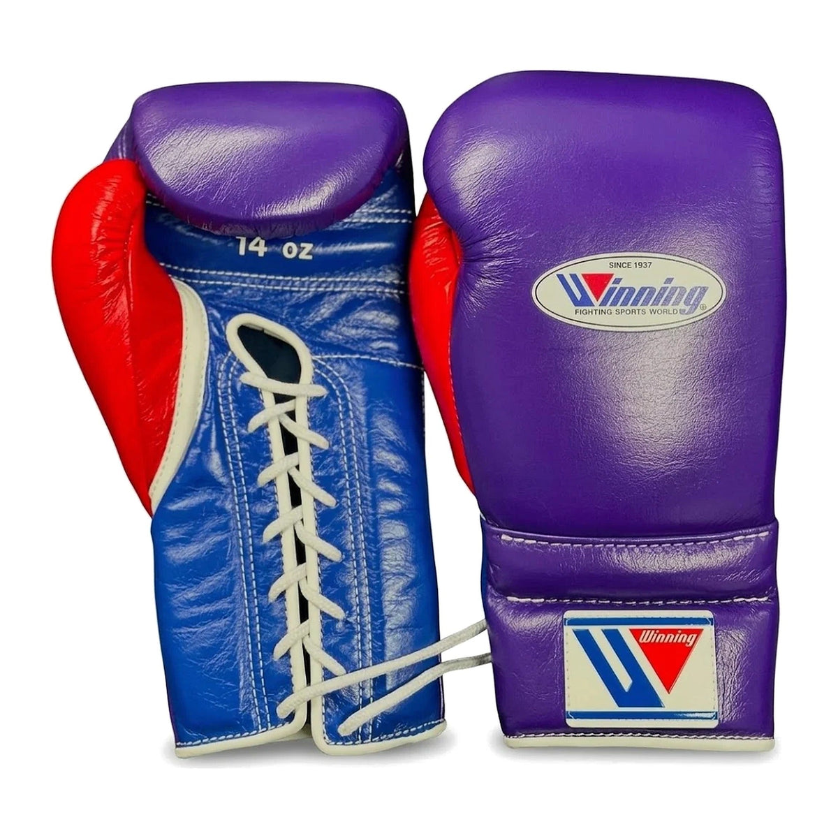 Winning Boxing Gloves Purple, Blue & Red lace-up training glove, genuine leather, 8oz to 16oz