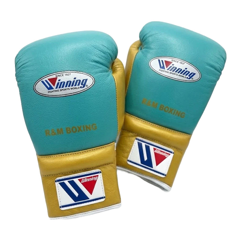 Winning Boxing Gloves Sea Green & Gold lace-up training glove, genuine leather, 8oz to 16oz