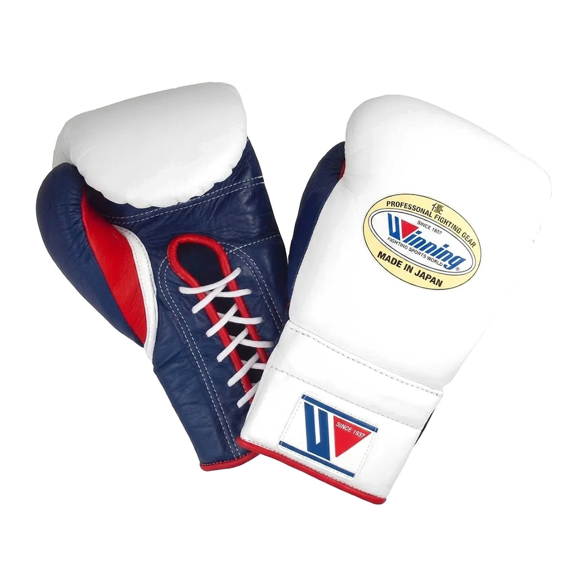 Winning Boxing Gloves White, Navy & Red lace-up training glove, genuine leather, 8oz to 16oz