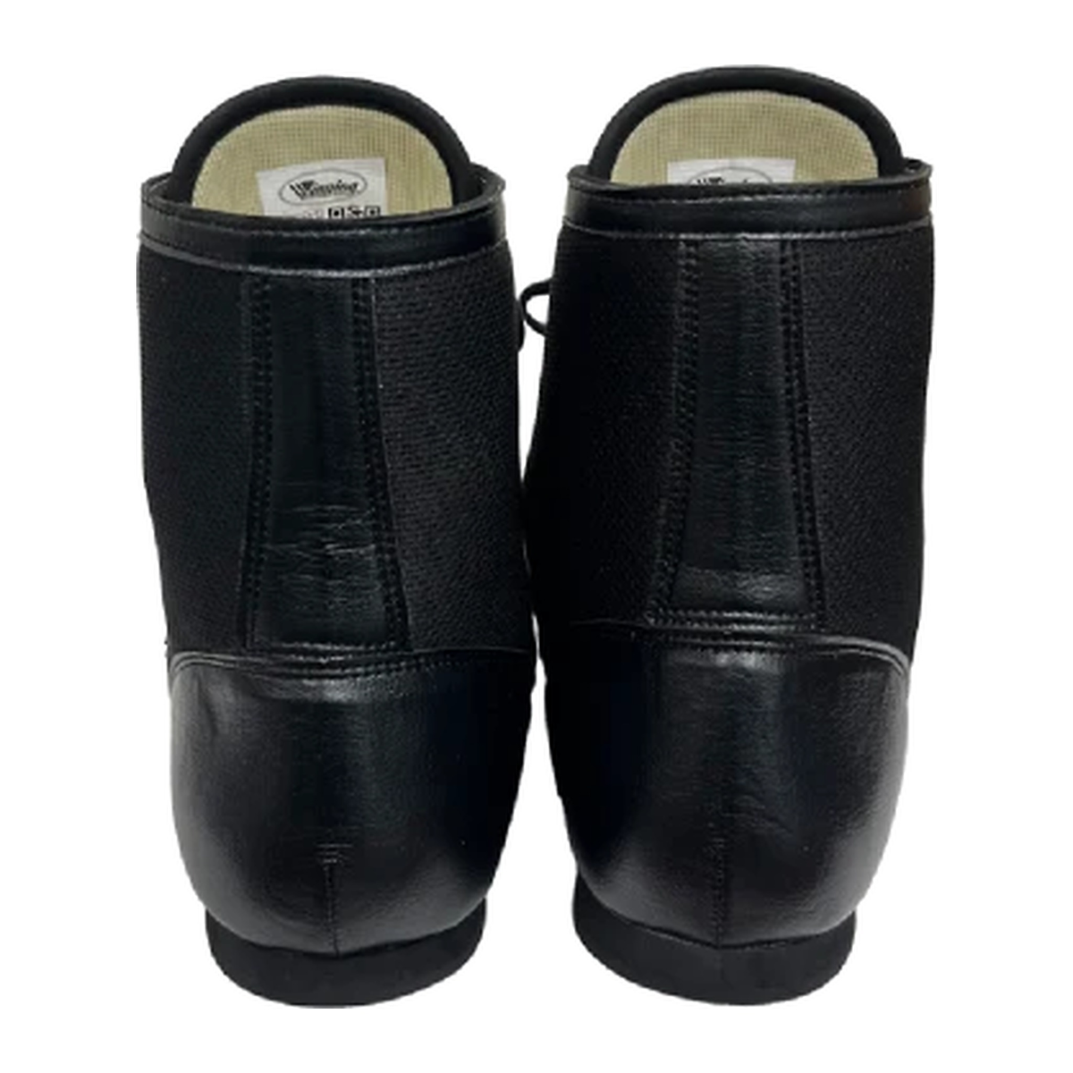 All-black high-top boxing shoes, rear view showing textured panel and heel construction