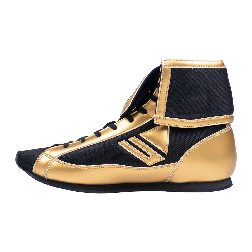 Black and gold high-top boxing shoes, heel and ankle collar detail