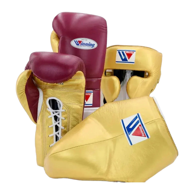 Winning gold and maroon boxing sparring set with lace-up gloves, headgear and groin guard