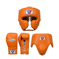 Winning gold and tan boxing sparring set with lace-up gloves, headgear and groin guard
