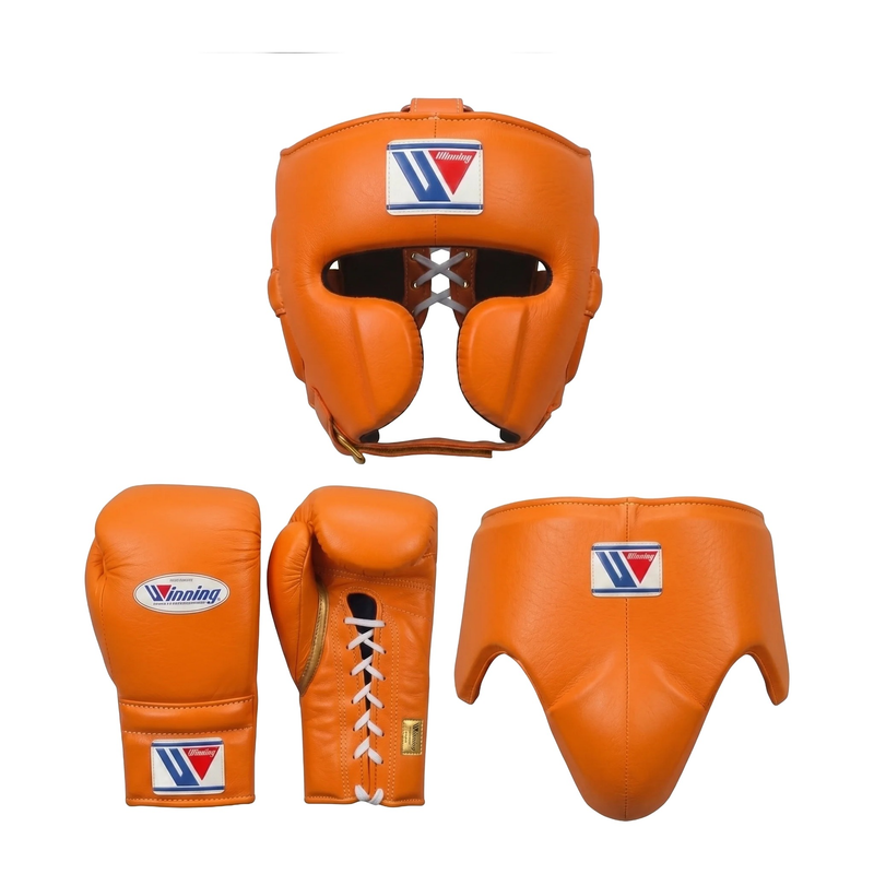 Winning gold and tan boxing sparring set with lace-up gloves, headgear and groin guard