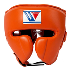 Gold and tan boxing headgear with cheek protection and logo patch