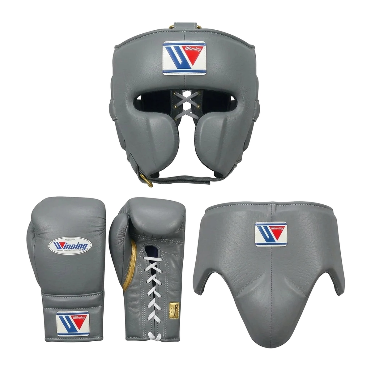 Winning gray boxing sparring set with lace-up gloves, headgear and groin guard