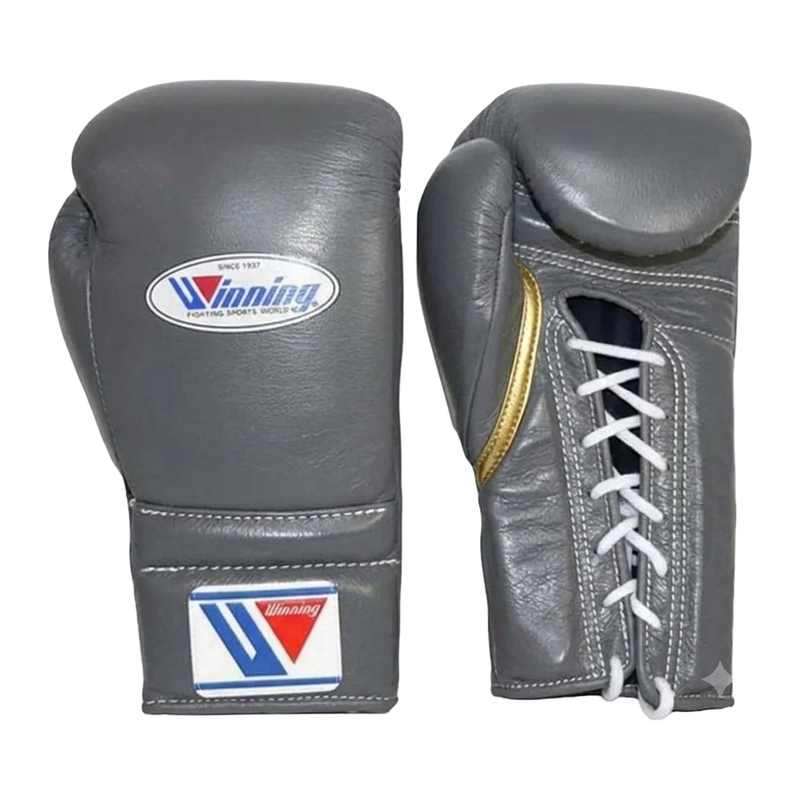 Winning gray boxing sparring set with lace-up gloves, headgear and groin guard