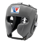 Gray boxing headgear with cheek protection and brand logo patch