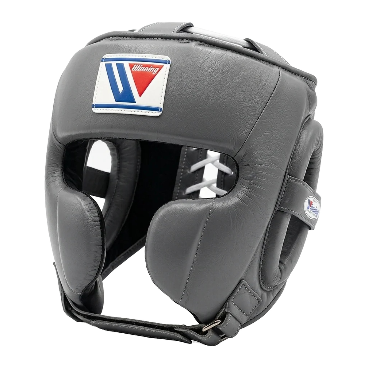 Gray boxing headgear with cheek protection and brand logo patch