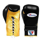 Metallic gold and black lace-up boxing gloves from the custom Winning set