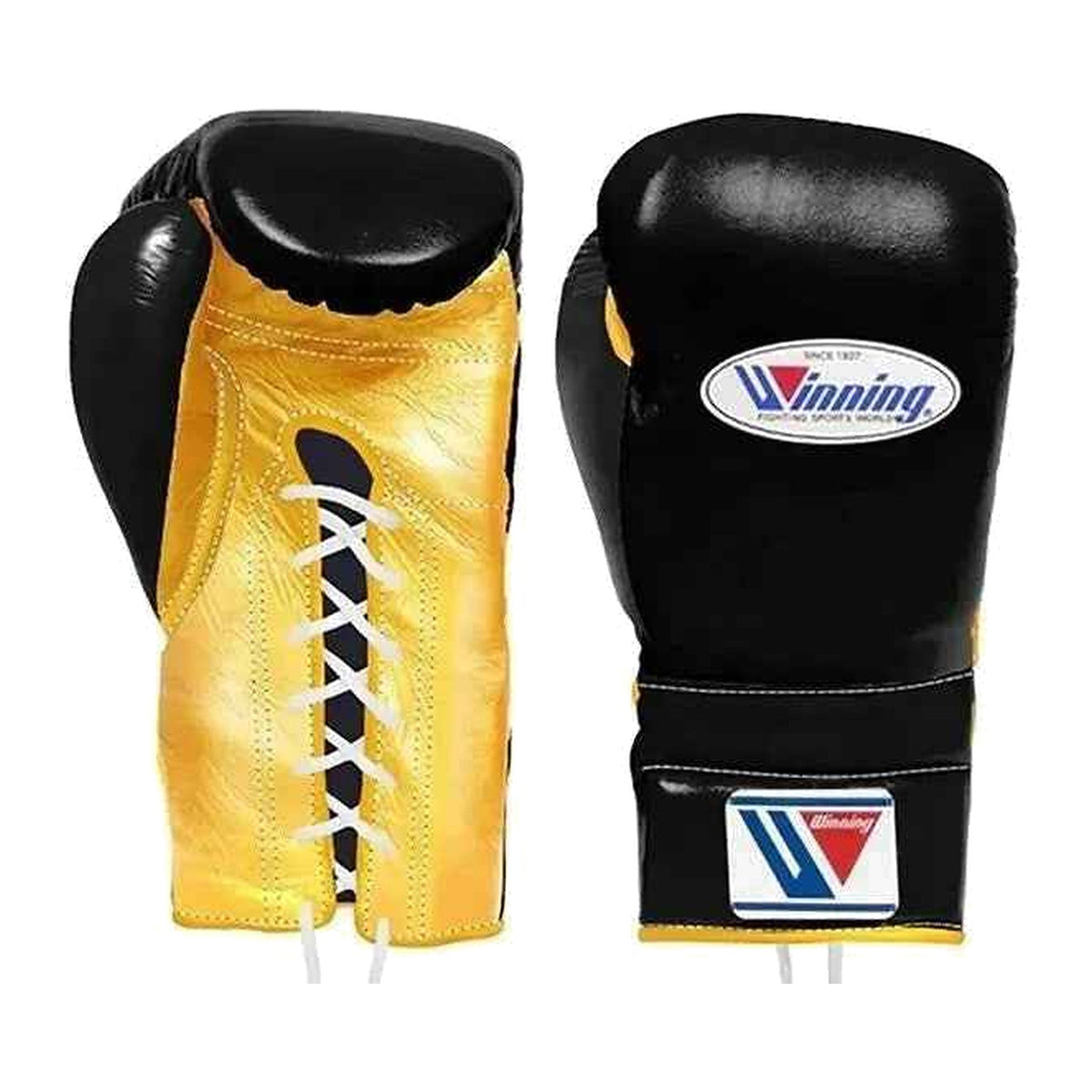 Metallic gold and black lace-up boxing gloves from the custom Winning set