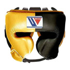 Metallic gold and black boxing headgear from the custom sparring set