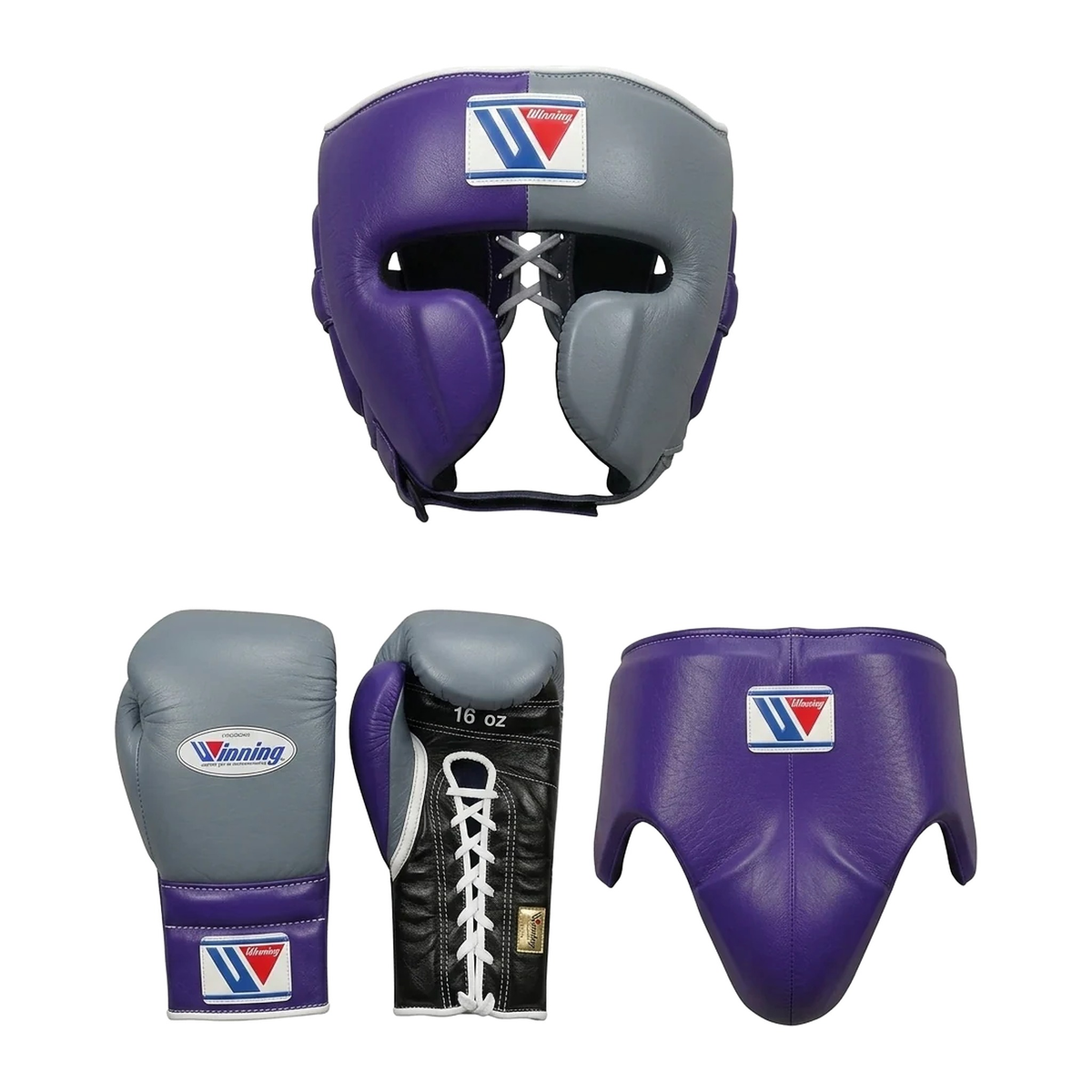 Winning metallic gray and purple boxing sparring set with gloves, split headgear and groin guard