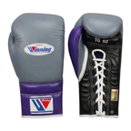 Metallic gray and purple lace-up boxing gloves from the custom sparring set