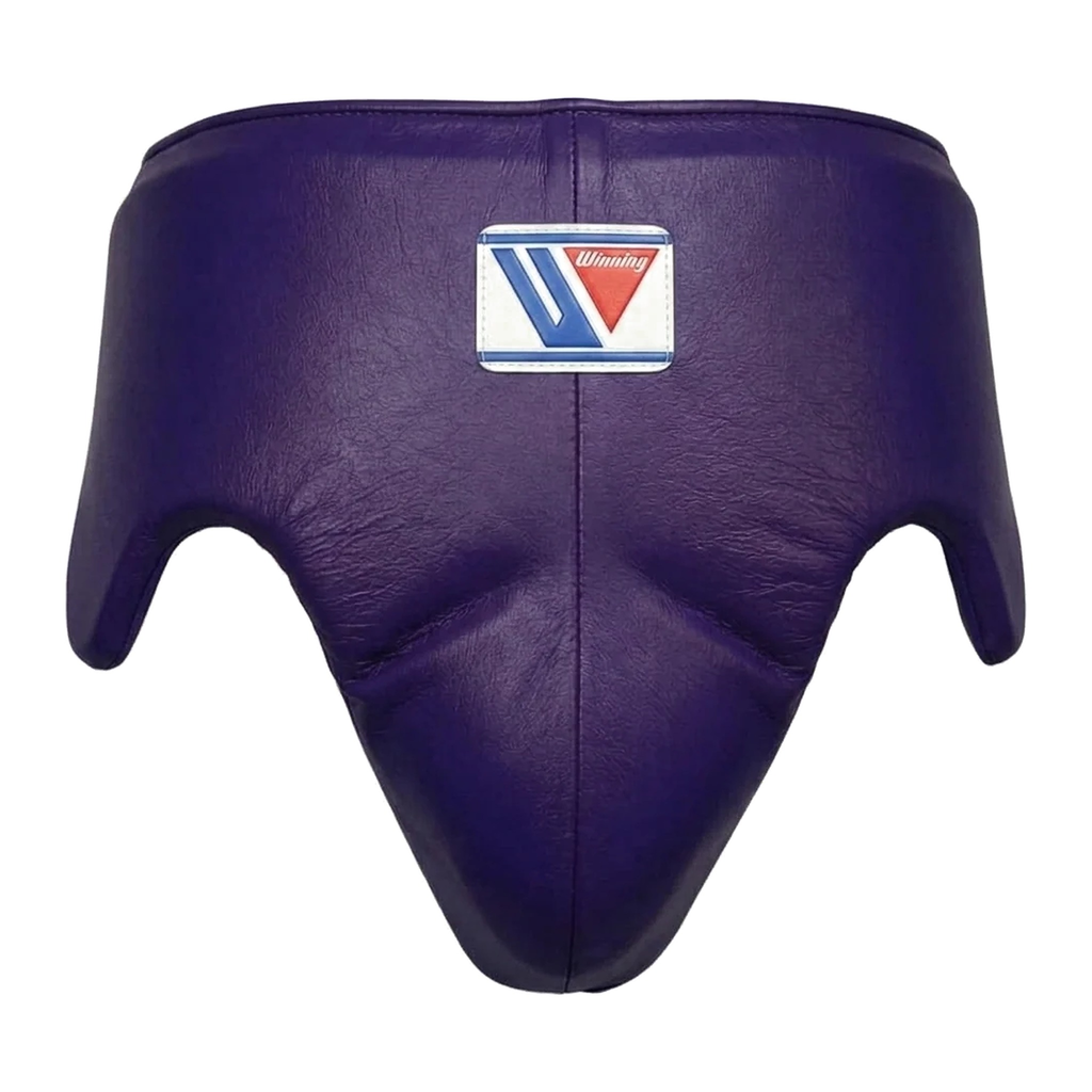 Purple boxing headgear with central brand logo patch