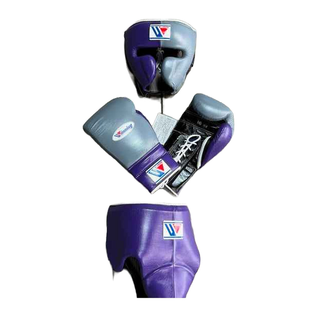 Full metallic gray and purple boxing set with gloves, headgear and groin guard on display