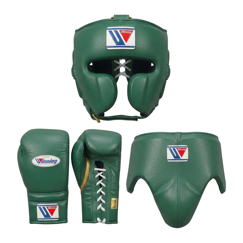Winning metallic green boxing sparring set with lace-up gloves, headgear and groin guard