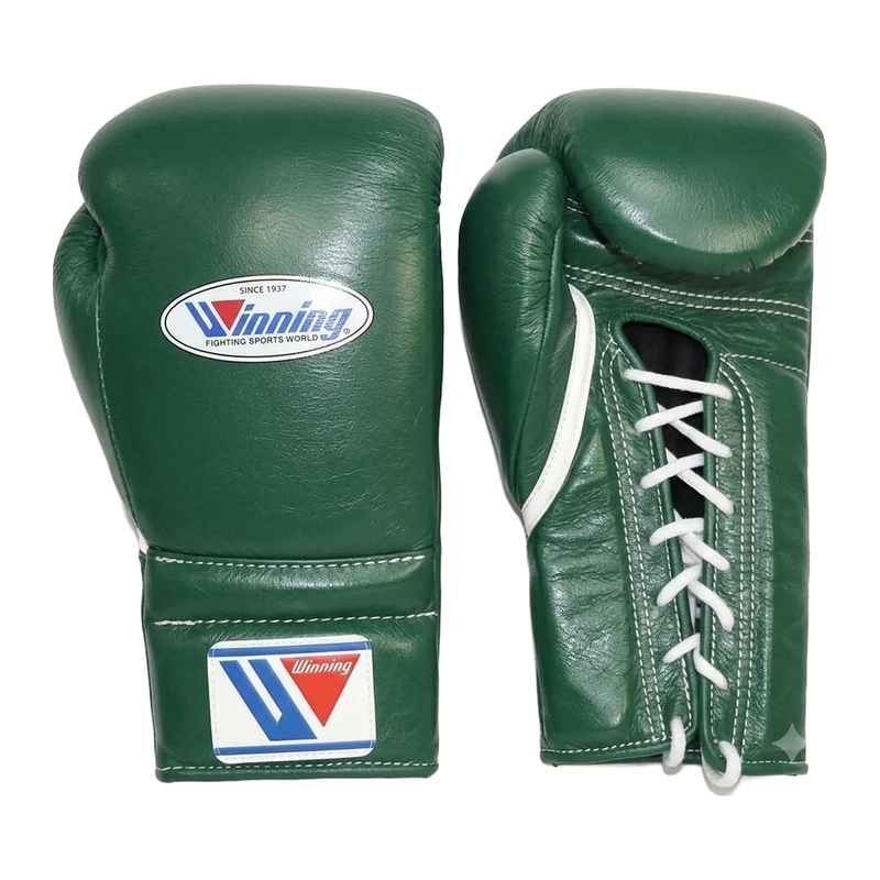Winning metallic green boxing sparring set with lace-up gloves, headgear and groin guard