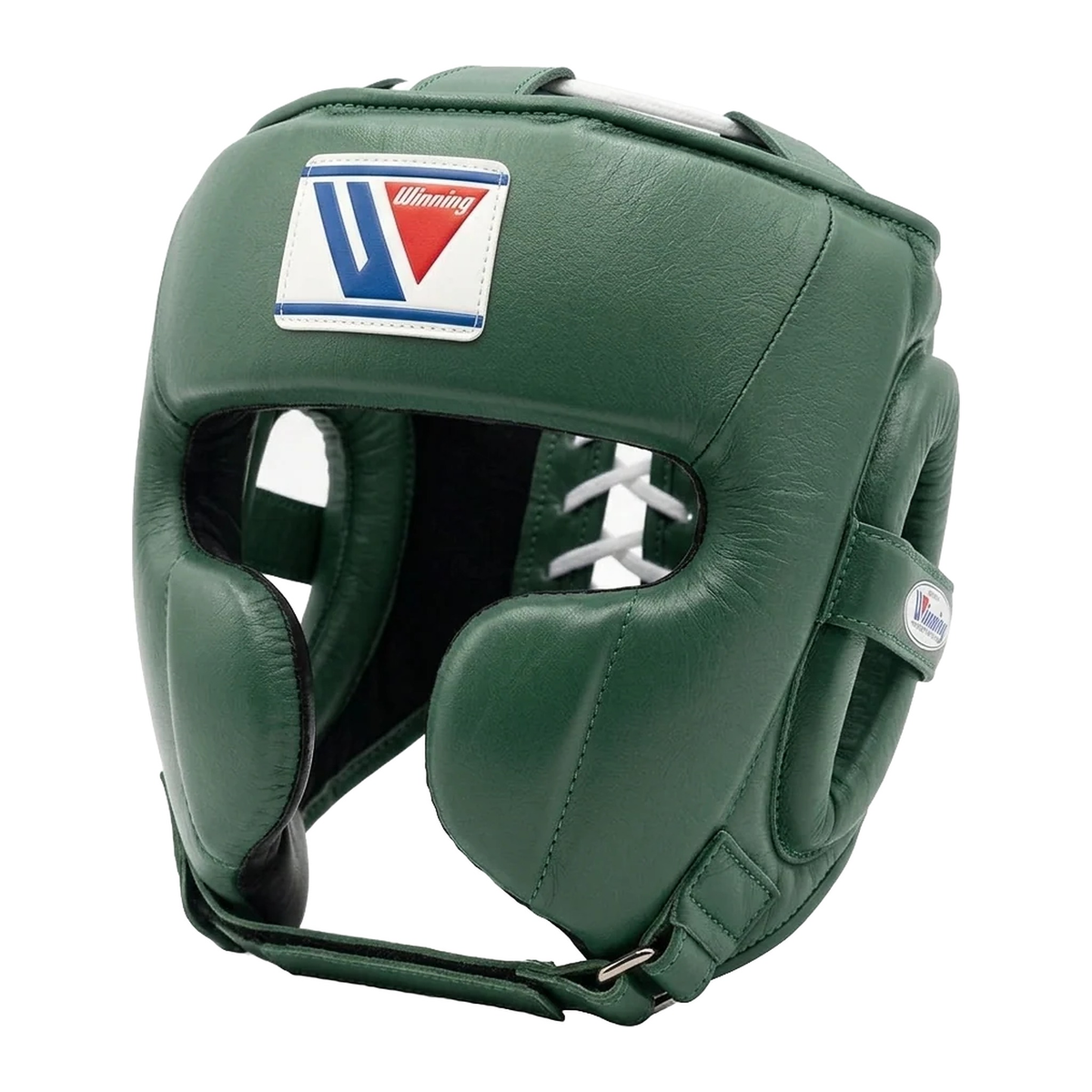 Metallic green boxing headgear with cheek protection and logo patch