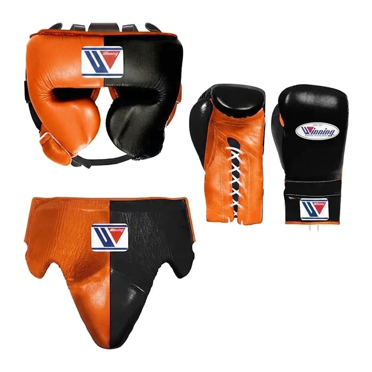 Winning orange and black boxing sparring set with lace-up gloves, headgear and groin guard