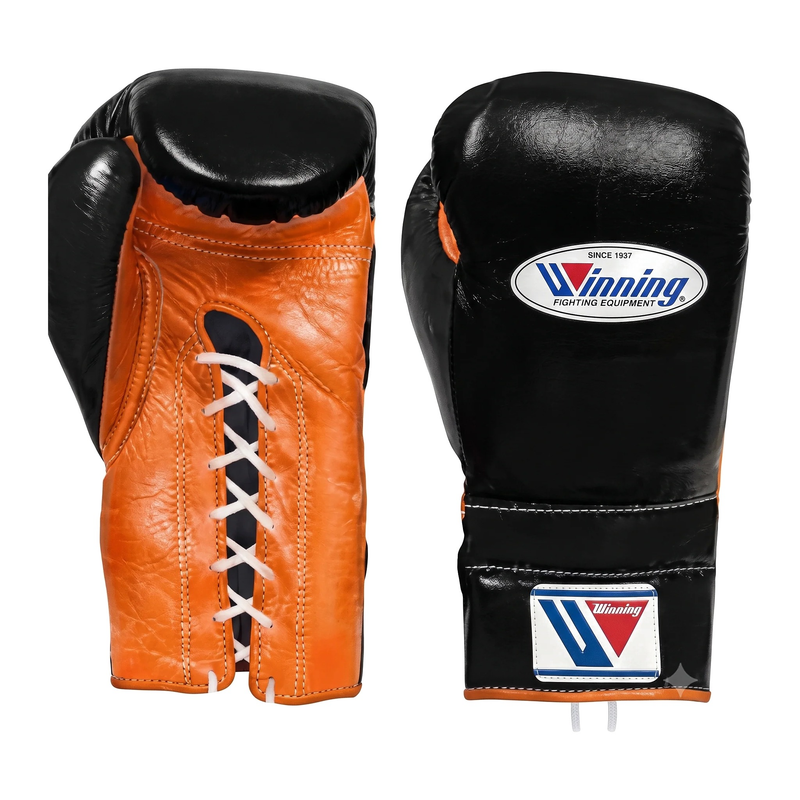 Winning orange and black boxing sparring set with lace-up gloves, headgear and groin guard