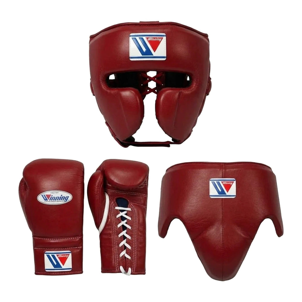 Winning Boxing Sparring Set – Dark Red Lace-Up Gloves, Headgear & Groin Guard