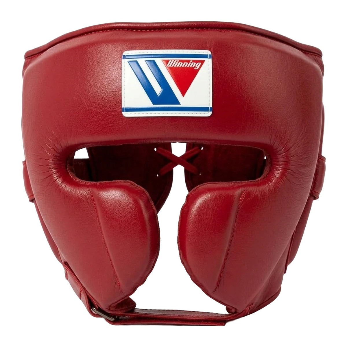 Winning dark red leather boxing headgear with FG-2900 style cheek protection and brand logo patch