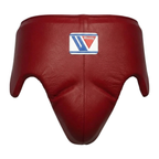Close-up of Winning dark red leather boxing headgear showing the central brand logo patch