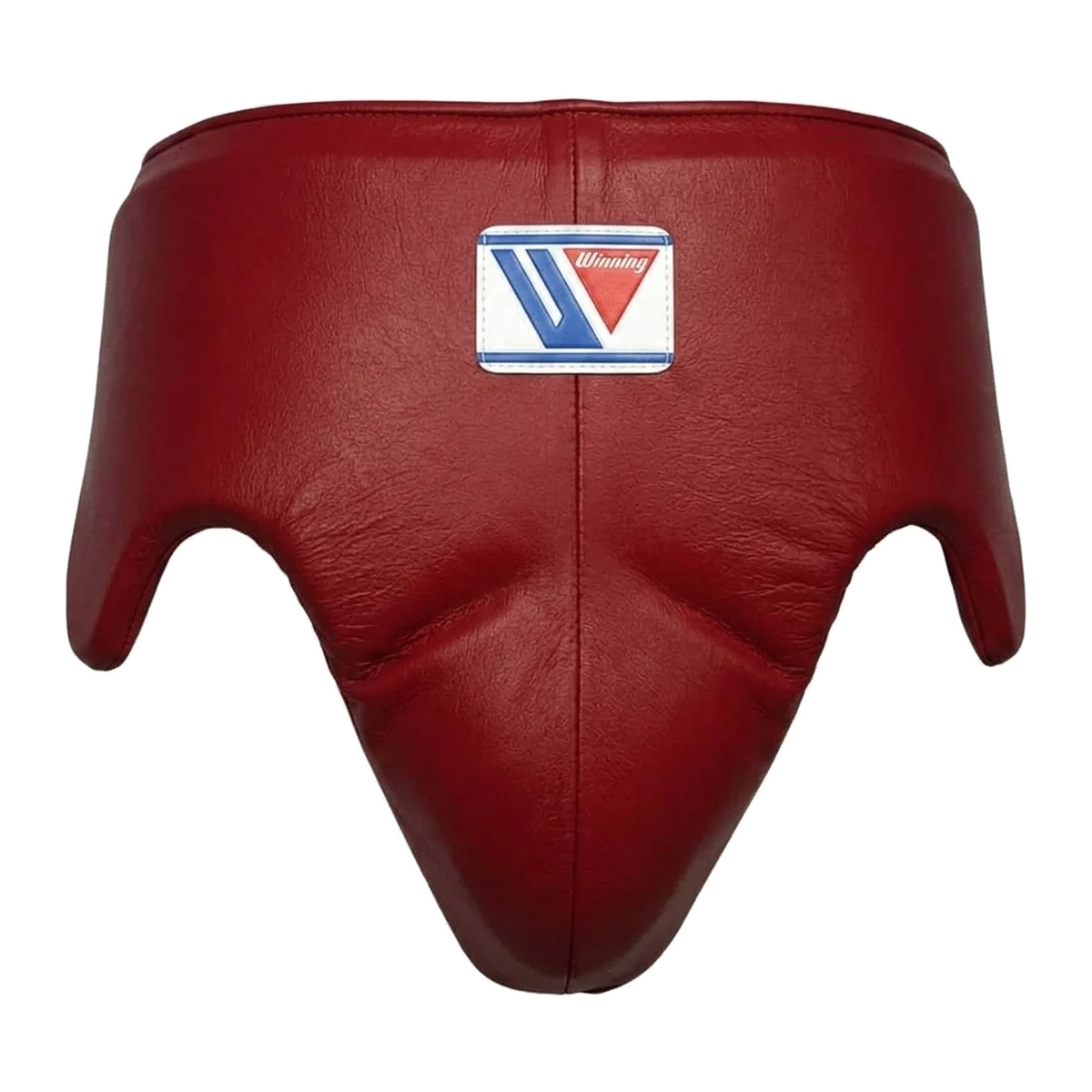 Close-up of Winning dark red leather boxing headgear showing the central brand logo patch