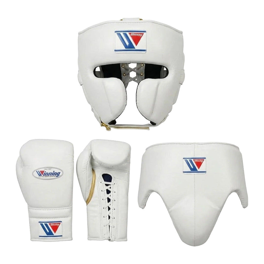 Winning white boxing sparring set with headgear, lace-up gloves and groin guard
