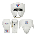 Winning white boxing sparring set with headgear, lace-up gloves and groin guard