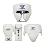 Winning white boxing sparring set with headgear, lace-up gloves and groin guard