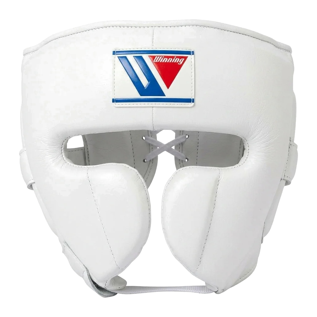 White Winning boxing headgear with brand patch on the forehead