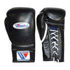 Pair of Winning black lace-up boxing gloves with white laces