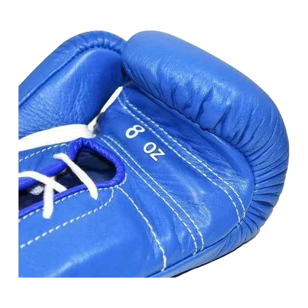Blue boxing glove with white laces and '8 oz' label on a white background