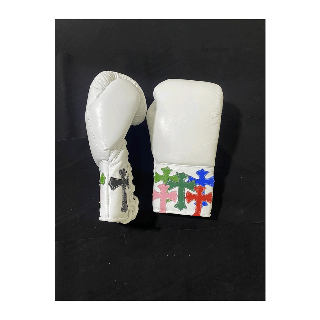 Winning Boxing Gloves White Multi-Colour Cross Patch lace-up glove, palm view