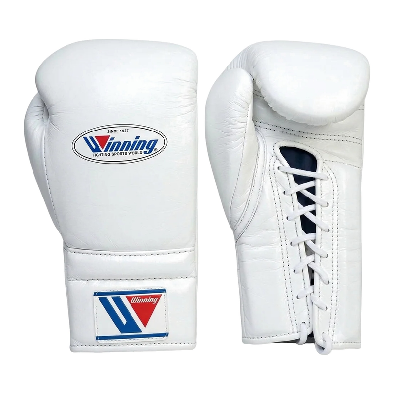 Front and side view of white Winning lace-up boxing gloves with oval logo